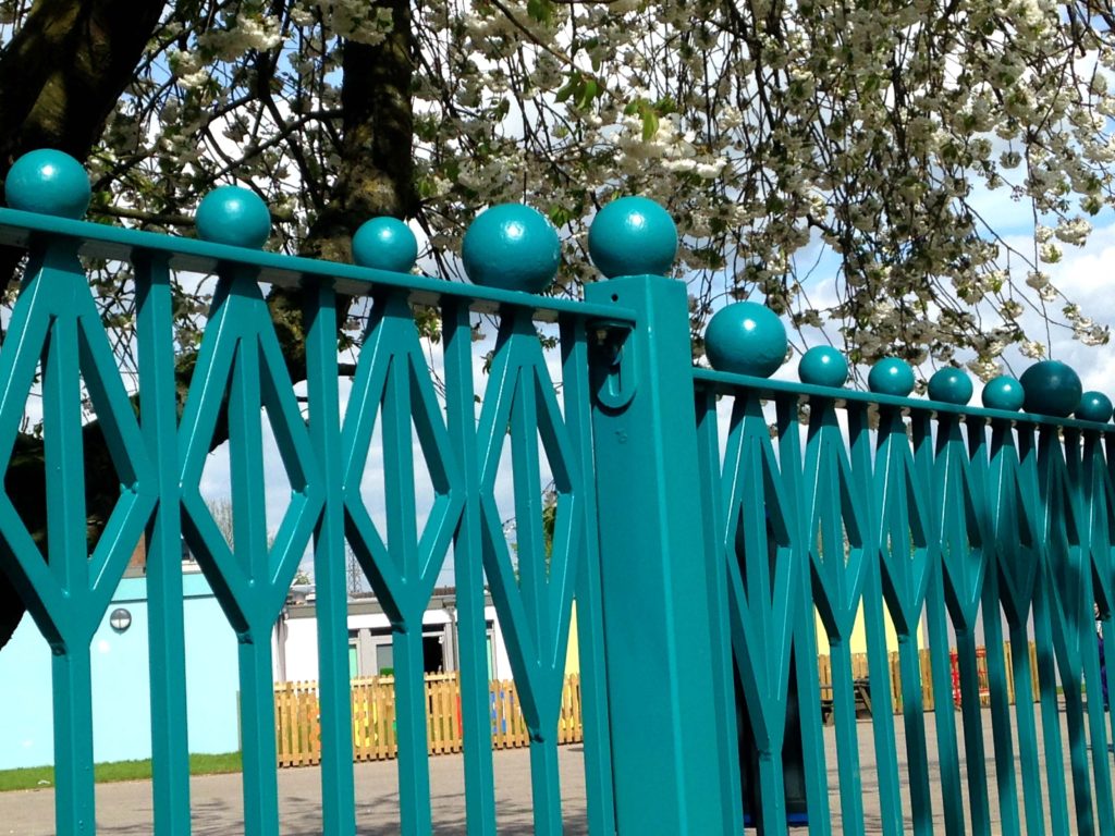 Metal railings and gate at Windy Arbor school