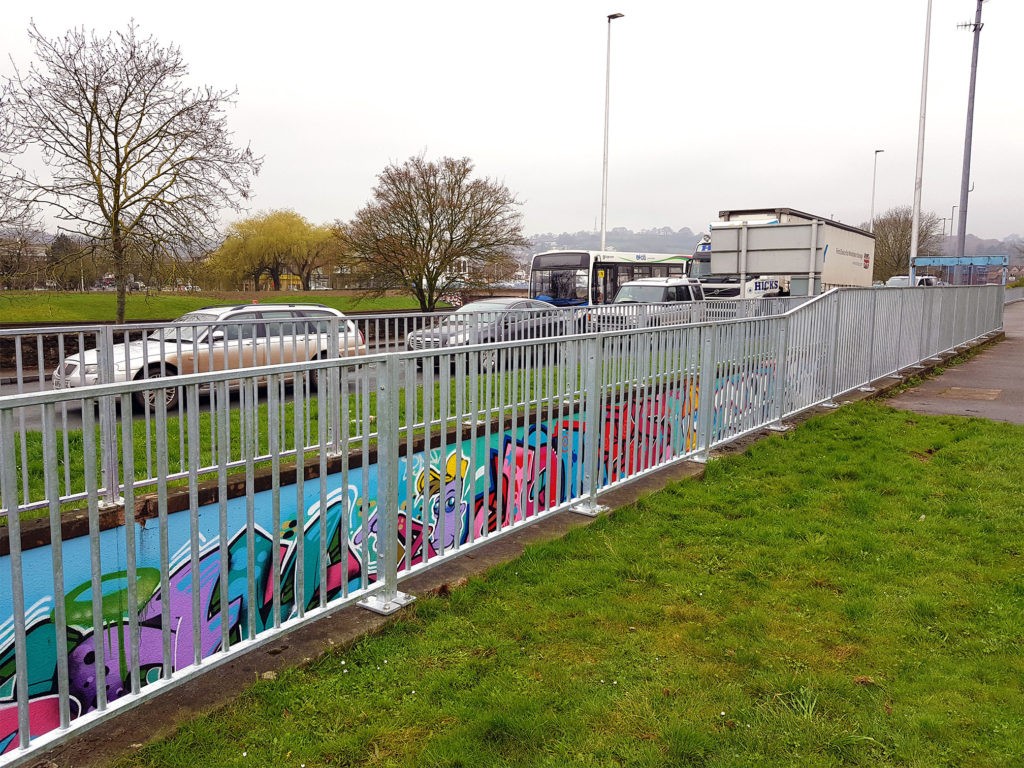 Galvanised pedestrian guardrail at roundabout in Exeter